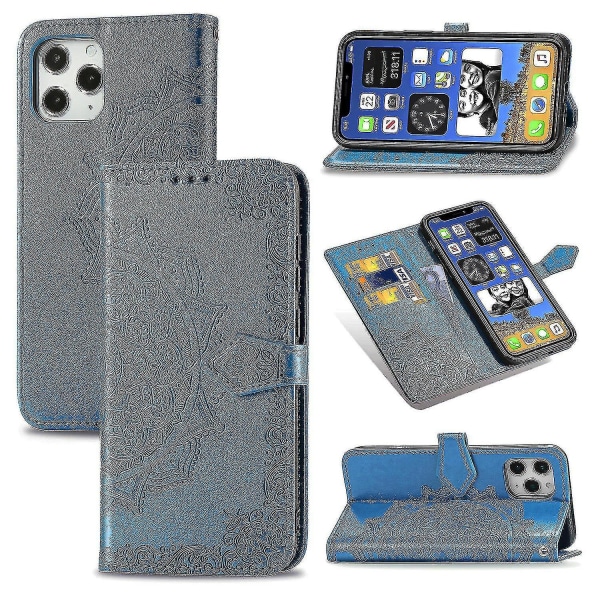 Iphone 13 Pro deksel Lær lommebokdeksel Emboss Mandala Magnetic Flip Protection Støtsikker - Blå