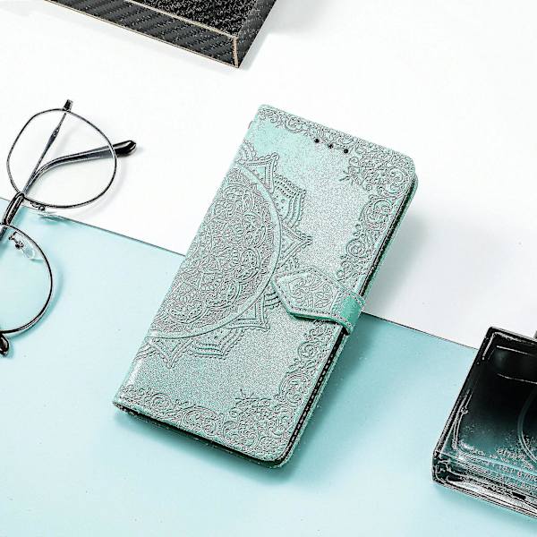 Oppo Reno6 Pro 5g Fodral Läder Plånboksfodral Präglad Mandala Magnetiskt Flip-skydd Stöttåligt - Grön