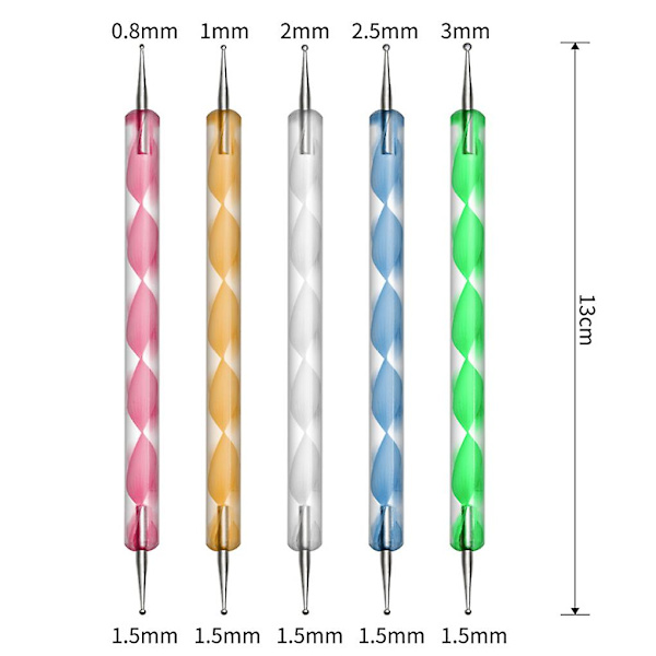 5-pack Dubbelsidig prickpenna för manikyr, polering, prickmålning, DIY