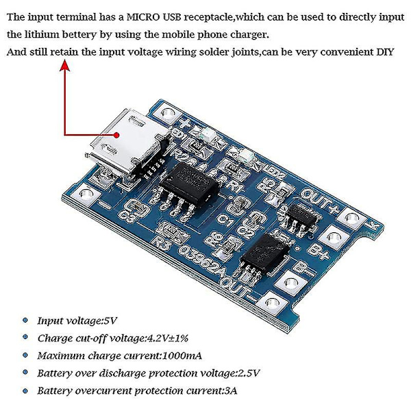 For Tp4056 Latausmoduuli Latauslevy 18650 Bms 5v -usb 1a 1865