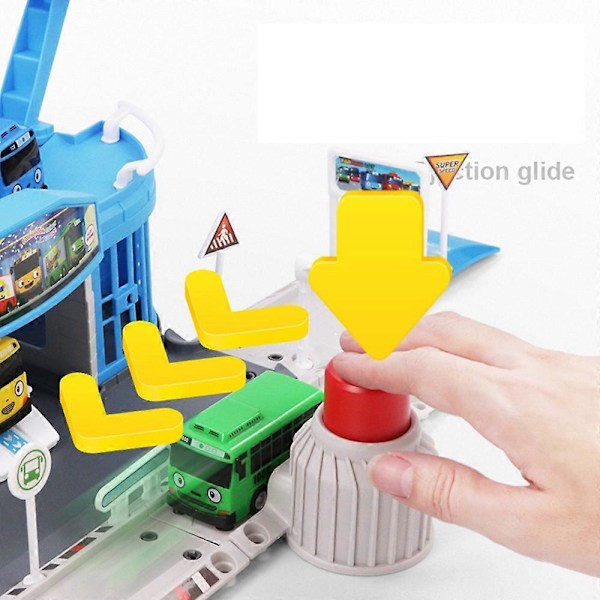 Tecknade figurer Lilla Buss Setet Monterad Bussstation Parkeringsplats Bilbana Modell med 2 Mini Bussar