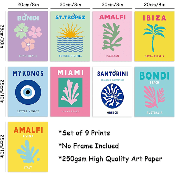 Heytea 9 kpl Preppy Travel Seinätaidepainatukset Abstrakti Esteettinen Preppy Huoneen Sisustus Värikäs Minimalistinen Kehystämätön Taidejuliste Sisustus Olohuoneelle Teini-tytölle