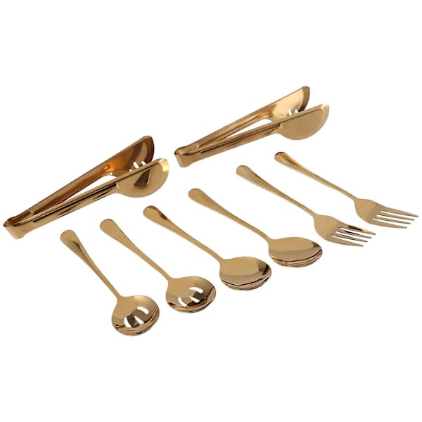Rustfrit stål serveringsbestik, stort serveringsske sæt til køkken (Guld, 8 stk.)