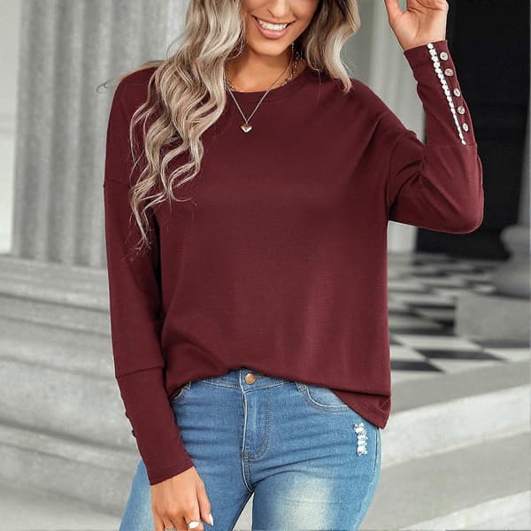 Dame Top Rund Hals Lange Ærmer Drop Shoulder Moderigtig Afslappet Pasform Pullover til Dame