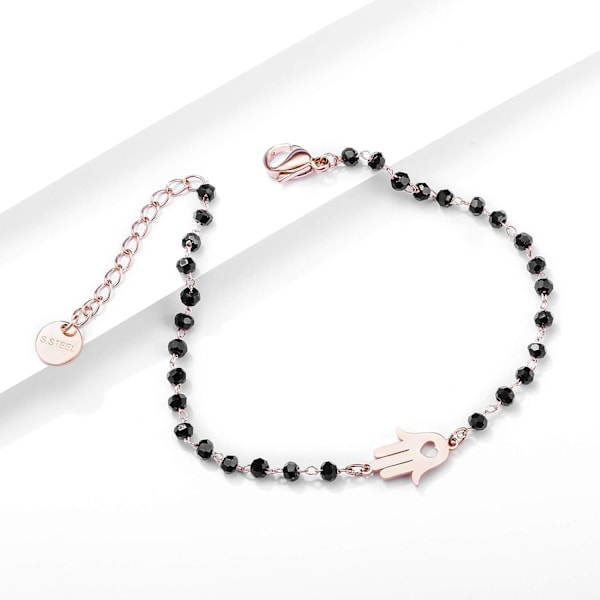 Palm Charm Armbånd i Rustfrit Stål med Sorte Perler - Enkelt Lykkearmbånd (Rosaguld) rose gold
