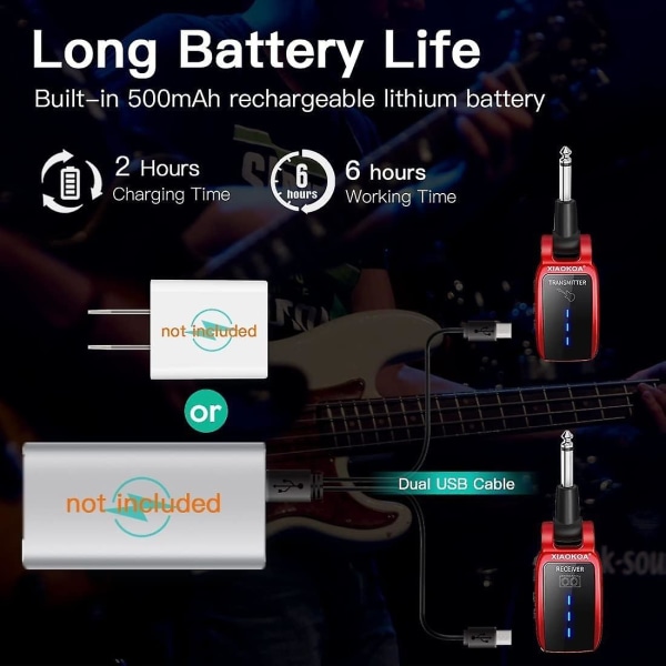 Xiaokoa trådløs guitarsender, uhf trådløs guitarsendermodtager, genopladelig med LED digital skærm 50m transmission, til elektrisk guitar