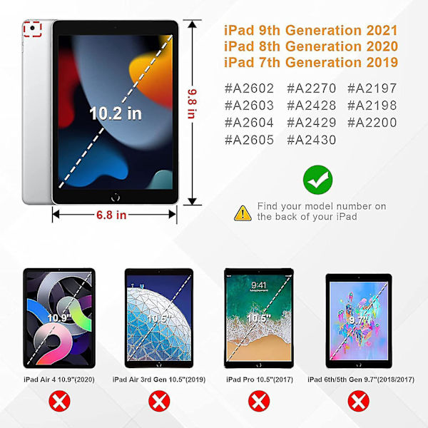 Wekity Deksel for iPad 10.2 9. generasjon 2021 - [hjørnebeskyttelse] Stativdeksel med flere vinkler, lomme og pennholder