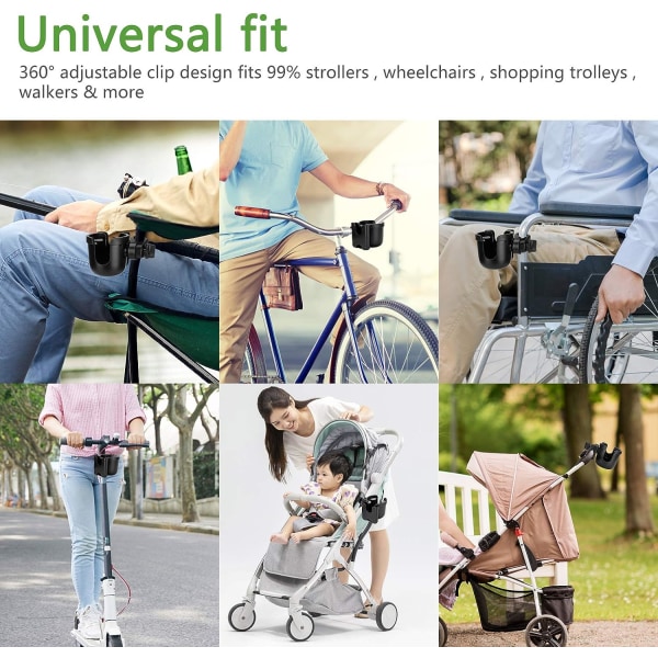 Koppholder for barnevogn med telefonholder/organisator, universell sykkelkoppholder, 2-i-1 koppholder for rullator, sykkel, rullestol, rullator