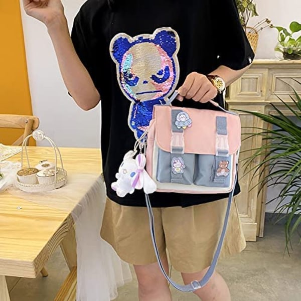 Kawaii Axelväska med söta tillbehör Pins Kawaii Tote Bag Skola Crossbody Ryggsäck Casual Fashion (Rosa)