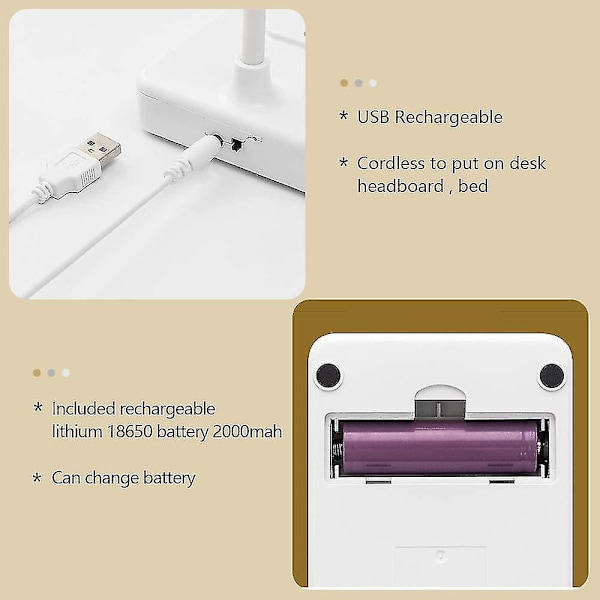 Trådløs USB genopladelig LED-bordlampe, 1500 mAh batteri, berøringsdæmpning 3 farvetilstande, bærbar læselampe, batteridrevet børnebord, soveværelse, senge
