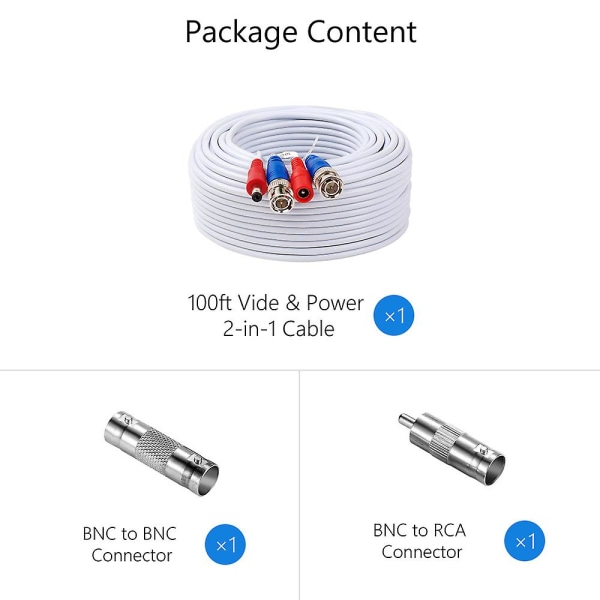 1 pakke 100 fot / 30m 2-i-1 videostrøm Cctv-kabel Bnc-forlengerledning for hjemmesikkerhetsovervåkingskameraer Dvr-system