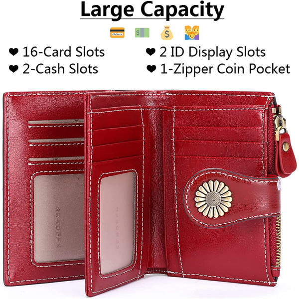 Dame-lommebok myntlommebok for kvinner med kortklips for kvinner glidelåslommebok med 16-kortspor anti-RFID-lommebok (vinrød)