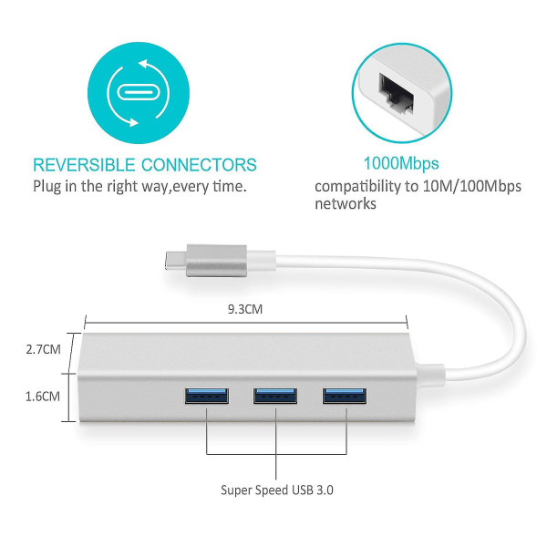 Type-c til Rj45 til Usb3.0 netværkskort Rj45 netværkskabel 100m hub hub aluminiumlegeringsskal
