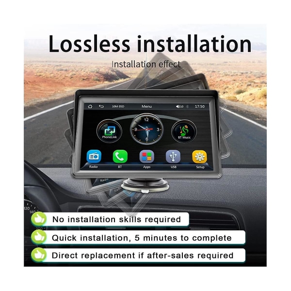 Bärbar Dash Mount Carplay Display 7In Touch Screen, GPS Navigatin,Bluetooth Bilstereo Radio, Backup Kamera, FM Radio