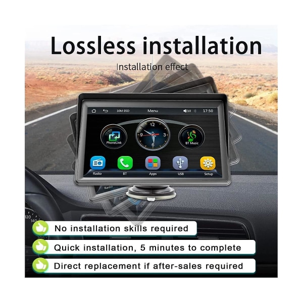 Bärbar Dash Mount Carplay Display 7In Touch Screen, GPS Navigatin,Bluetooth Bilstereo Radio, Backup Kamera, FM Radio