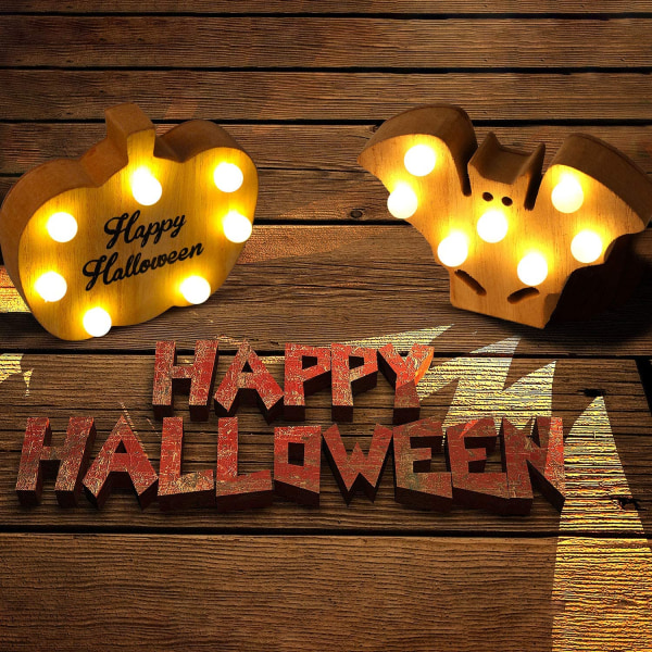 2 Styk Halloween Dekorative Lys Træ Dekorative Lampe Halloween Græskar Lys Lanterne til Indendørs Udendørs Halloween Dekorationer (Græskar og Bat)