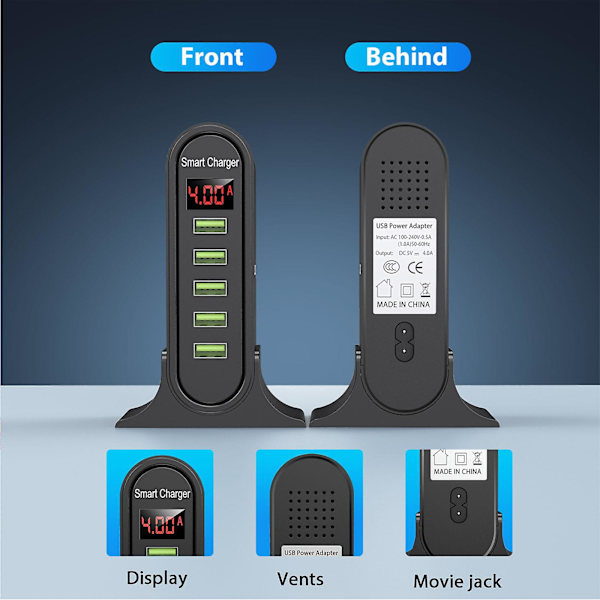 5-porters USB-lader LED-skjerm Multi USB 5v 4a Hurtigladestasjon Universal