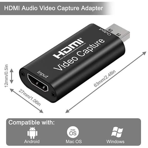 Lyd- og videoopptakskort, 1080p HDMI til USB-adapter, bærbar plug & play-opptakskort