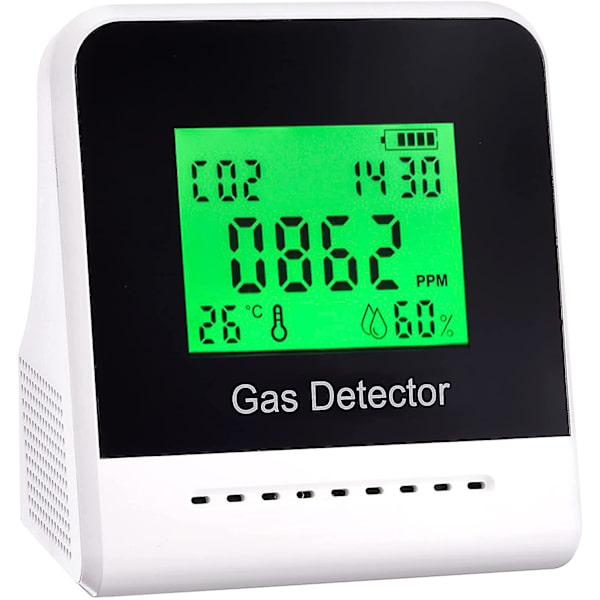 CO2-monitor, CO2-detektor med NDIR-sensor 400-5000 ppm, ljudlarm, temperatur, luftfuktighet, drivs av uppladdningsbara batterier