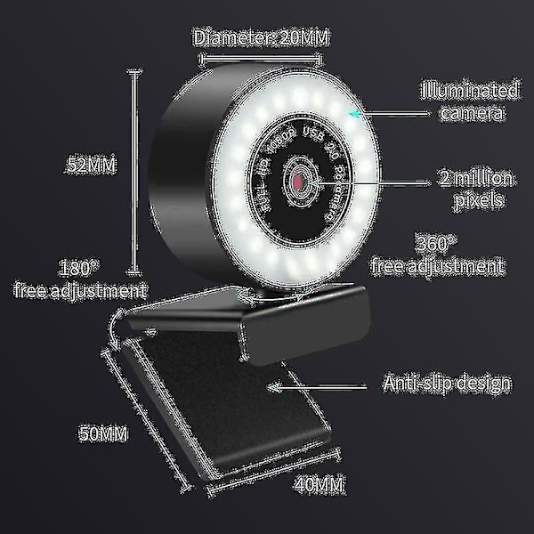 1080p HD-webkamera med mikrofon LED-webkamera til computer pc videooptagelse webcam