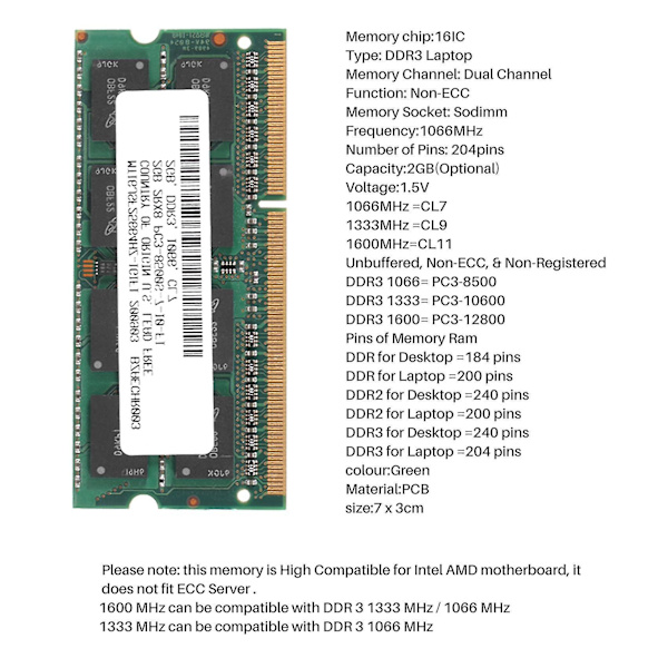 Ddr3 2gb bærbar hukommelse Ram 2rx8 Pc3-8500s 1066mhz 204pin 1.5v Notebook Ram