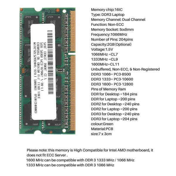 Ddr3 2gb Bærbar Minne Ram 2rx8 Pc3-8500s 1066mhz 204pin 1.5v Bærbar Ram