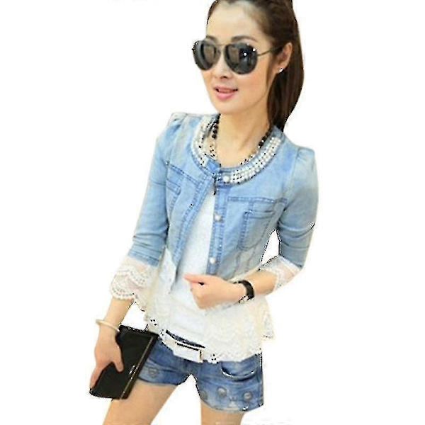 Plus Size Dam Retro Slim Denimjacka Spets Pärlor Casual Jeansjacka -2xl S