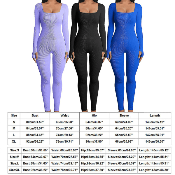 Brannsalg - Jumpsuits for kvinner Yoga Jumpsuits for kvinner Trening Ribbete, lange ermer sportsdresser Nytt Blue XL