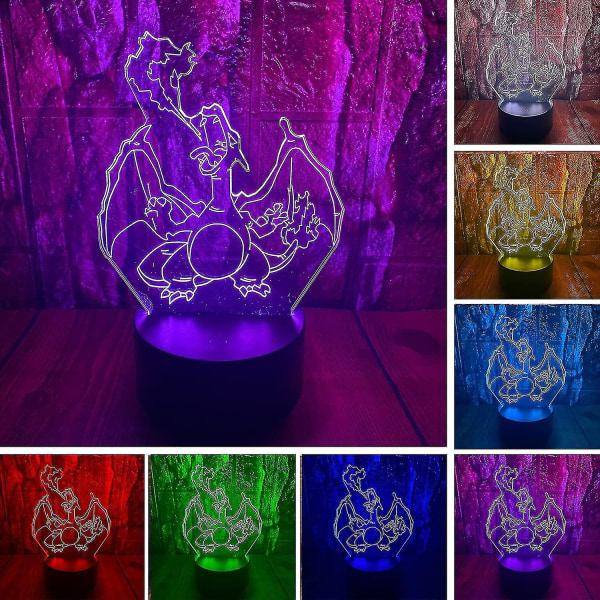 Cartoon Charizard Anime Figur 3d Led Optisk Illusion Soveværelse Dekoration Bordlampe Med Fjernbetjening 7 Farver Akryl Søvn Nattelys Fødselsdag Julegaver Til