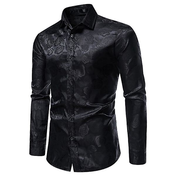 Allthemen Herre Casual Slim Lapel Rose Floral Langærmet Skjorte Black 2XL