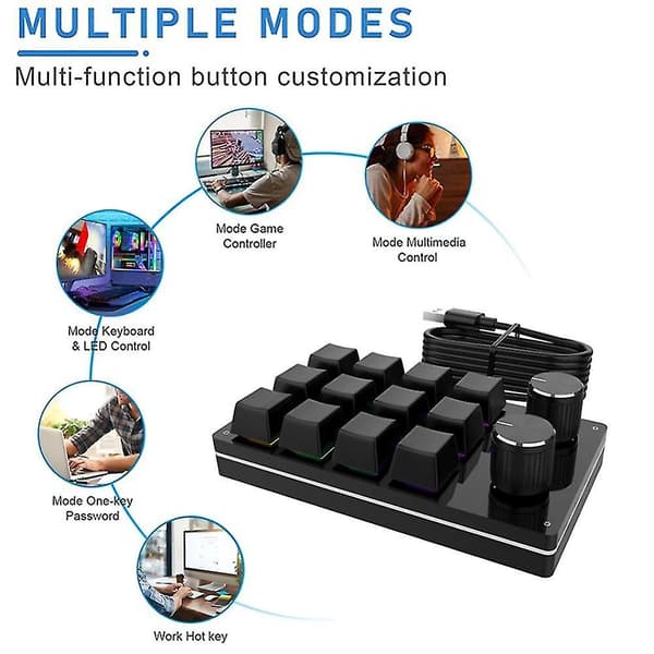 Bluetooth USB Makro Mini-tangentbord 12 Tangenter 2 Knoppar Programmeringsknapppanel Anpassning Spel Mekanisk
