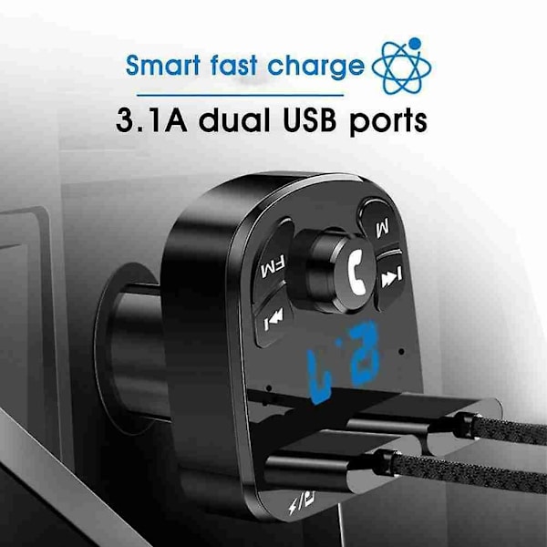 Kit for bil FM-sender med Bluetooth 5.0, hurtig billader med Qc3.0, dobbel USB-voltmeter
