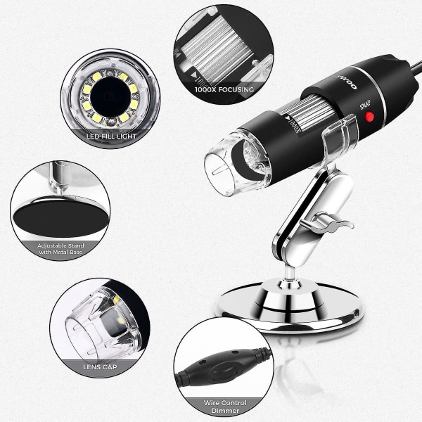 Usb Microscope 8 Led Usb 2.0 digitalt mikroskop, 40 til 1000x forstørrelse endoskop minikamera med Otg-adapter og metallstativ, kompatibel med Mac