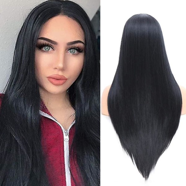 Naturlig rak svart lång peruk för damer Mjukt syntetiskt hår Realistiskt utseende