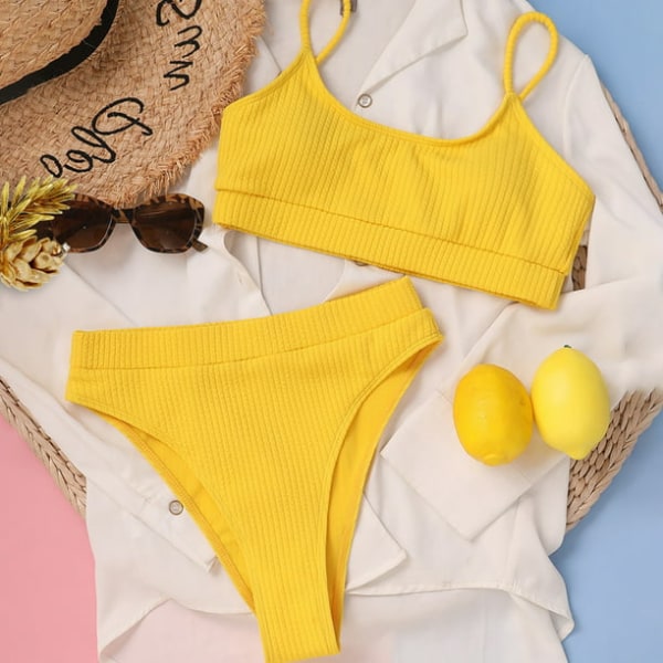 Kvinnor Hög Midja Ribbad Cami Bikini Baddräkt Set Gul L-US12 Yellow L