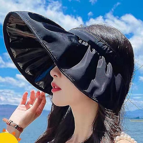 Sommer Shell Solskjerm Hat Uv Beskyttelse Dobbel Bruk Hårbøyle Solhatt For Kvinner Strand Foldbar Bred Bremskjerm Bøtte Caps Black