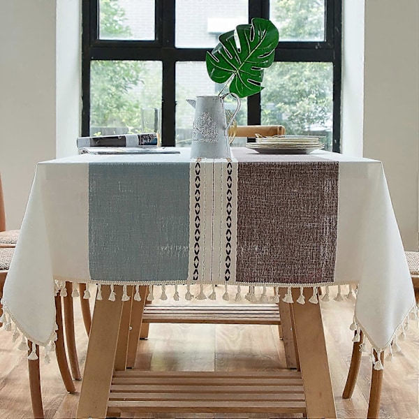 Rektangulär Duk Bomull Linne, Tvättbar Bordsduk med Tofsar Perfekt för Rektangulära Avlånga Bord, Kök, Matrum (140 x 220 cm, Blå Brun)