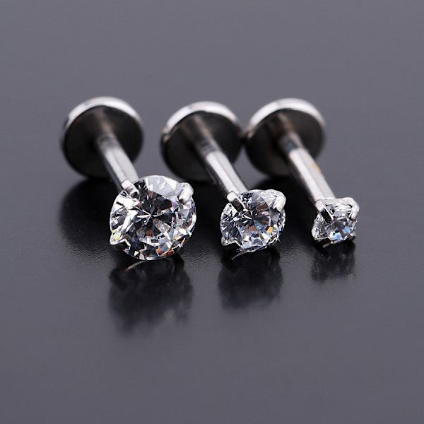 3 stk. Labret med sten, Kirurgisk Stål. silver