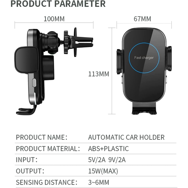 Trådløs bil lader montering, 15W Qi hurtiglading, automatisk klemmende bil lader iPhone Samsung, montering frontrute dashbord luftventil bil telefon lader, svart