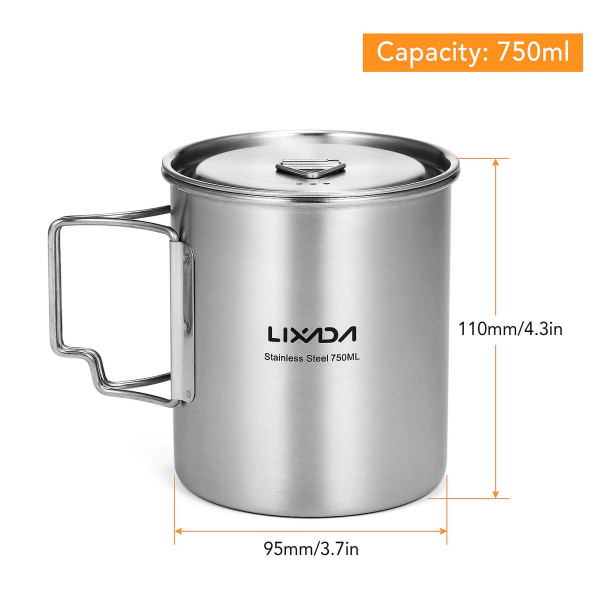 Lixada 750 ml kop udendørs vandkop i rustfrit stål med foldbare håndtag og låg til campingvandring, rygsæk