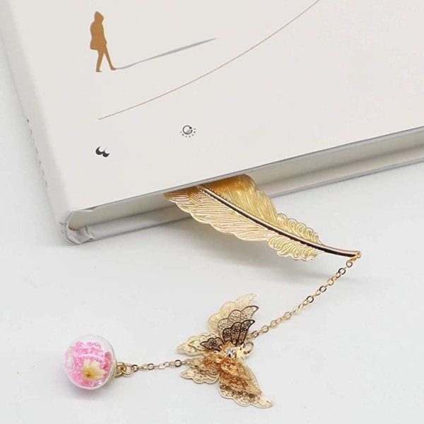 Bokmerke, gull metallfjær bokmerker med 3D sommerfugl og evig tørre blomsterperler anheng for kvinner menn, gavesidemarkører for barn Jenter Voksne Re