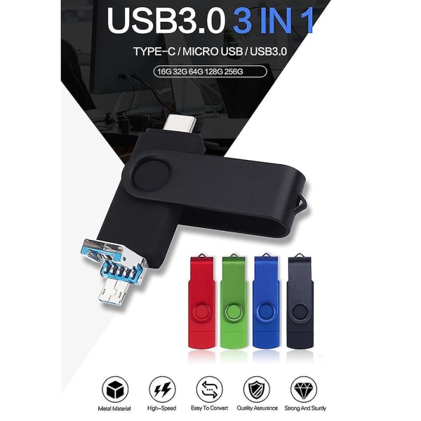 3-i-1 USB-minne med Type-C, USB och USB 3.0 - Snabb läsning - Liten minnespinne - U-disk - Stödjer OTG - 32 GB