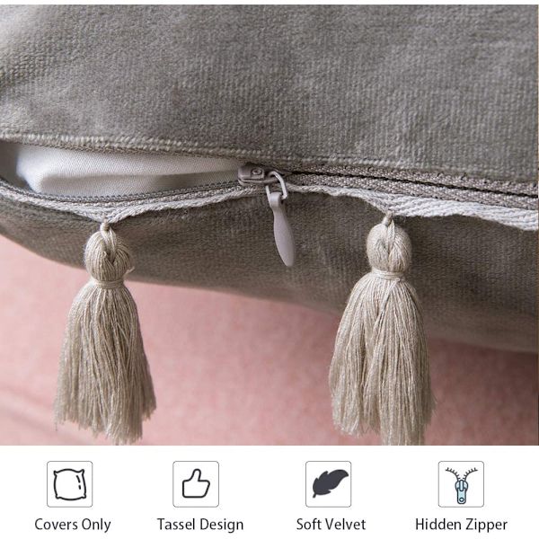 Pakke med 2 fløjlsbløde ensfarvede dekorative pudebetræk med kvaster Boho pudebetræk til Valentinsdag Sofa Seng 50x50cm Grå grey 50*50cm