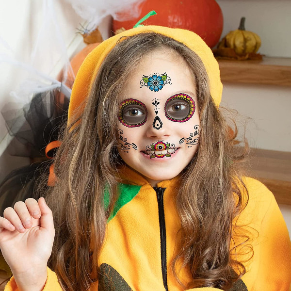 8 Pack Day Of The Dead Sugar Skull Face Midlertidig tatovering Halloween Makeup Tatoveringsklistremerker til Halloween Maskerade Party