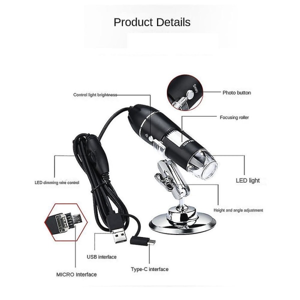 1600x USB digitalt mikroskop forstørrelsesmikroskopkamera, kompatibel med 7/8/10, håndholdt USB Mi