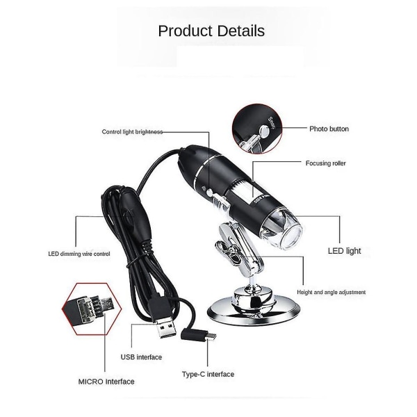 1600x USB digitalt mikroskop forstørrelsesmikroskopkamera, kompatibel med 7/8/10, håndholdt USB Mi