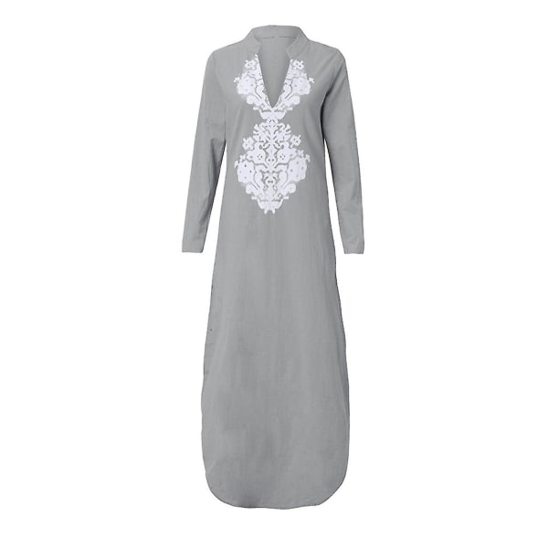 Naisten printed pitkähihainen V-kaula-mekko, haljattu helma, baggy kaftan-pitkä mekko Gray XL