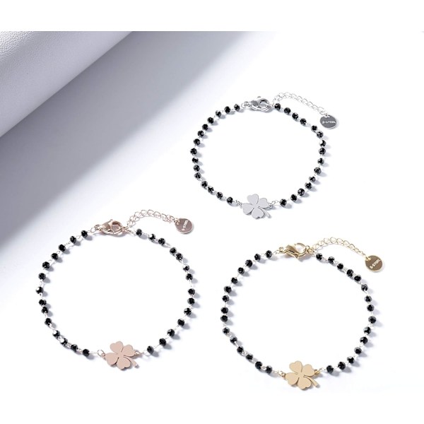 Heldig kløver charme armbånd i rustfrit stål med sorte perler - simpelt armbånd med heldig charme (guld) gold