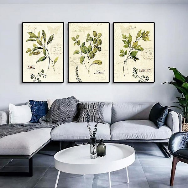 Wekity Blad Och Text Väggkonst Canvas Tryck Affisch, Enkelt Retro Natur Konst Bläckteckning Dekor (Set Om 3 Oinramade, 12x16 Tum)