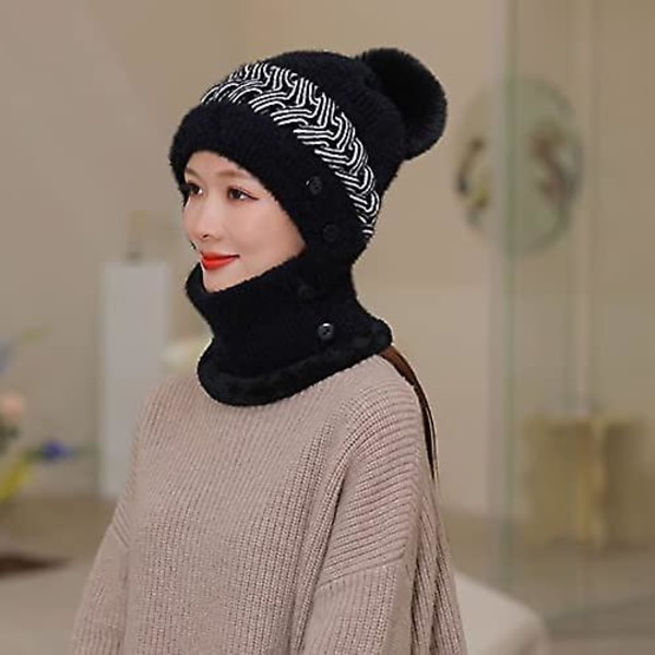 Fleecevuorattu naisten pipo neulottu hattu talvella tuulenpitävä lämmin huivi yksiosainen hattu E